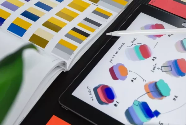 An open book and tablet with design objects visible